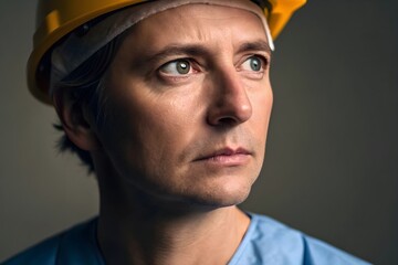 Portrait of construction worker wearing yellow safety helmet looking ahead symbolizing responsibility professionalism workplace safety and confidence in industry