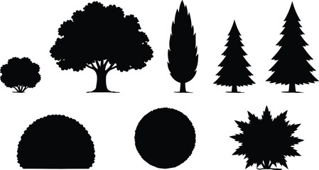 Tree and shrub silhouette vector illustration, conifer icons, broadleaf design, bush shapes, landscaping elements, gardening graphics, nature foliage art, outdoor vegetation symbols, 