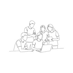Continuous line drawing of group working together with laptop, minimalist vector illustration of team collaboration and brainstorming
