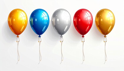 Colorful Balloons in Gold, Blue, Red, Silver, and Yellow on White Background