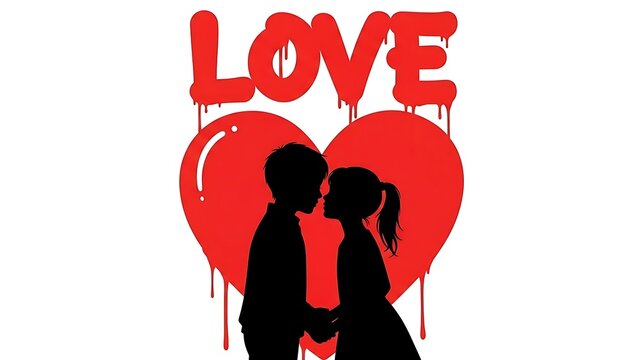 Couple embracing in front of a heart with love dripping illustration