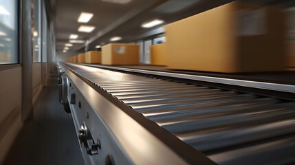 A conveyor belt system transports cardboard boxes through an industrial facility with motion blur