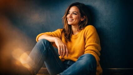 Smiling young woman in yellow sweater sitting by a dark wall, relaxed lifestyle portrait with warm bokeh light.