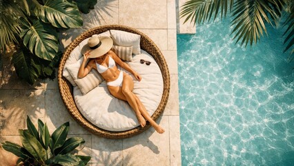 Top view of woman relaxing poolside on round daybed in white bikini and sunhat, luxury resort vacation with copy space.