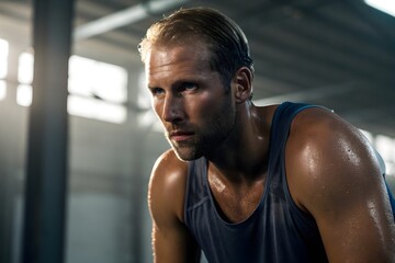 Sweaty muscular worker resting after intense physical labor inside industrial building, expressing endurance, strength, determination and demanding work conditions