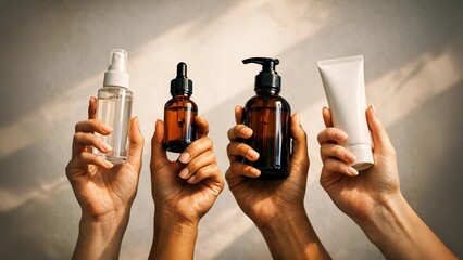 Diverse hands holding skincare bottles and cosmetic tube against neutral background, natural beauty products and wellness branding concept.