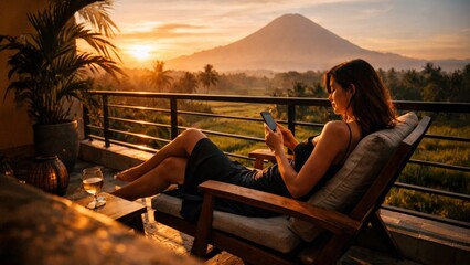 Woman relaxing on balcony at sunset with mountain view, using smartphone during luxury tropical vacation.