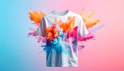 “Dark blue t-shirt with vibrant colorful explosion design dynamic burst of orange yellow pink blue radiating outward”