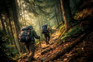 Two hikers with backpacks trekking uphill on forest trail in morning light, outdoor adventure, travel and nature exploration.