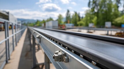 Naklejka premium A long industrial conveyor belt system extends into the distance under a bright partly cloudy sky