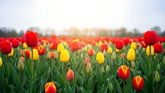 Vibrant tulip garden with red and yellow blooms, green stems, and a soft light backdrop, blooming - Powered by Adobe