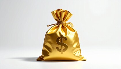 “Shiny gold drawstring bag with bold black dollar sign symbol on front isolated white background”
