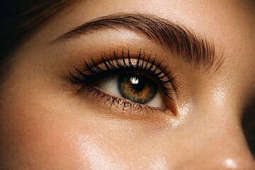 Macro close up of a hazel eye with long eyelashes and smooth skin, beauty makeup detail and vision concept.