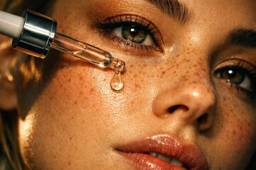 Close-up of skincare serum dropper applying a droplet under the eye on freckled skin, beauty routine and cosmetic treatment.