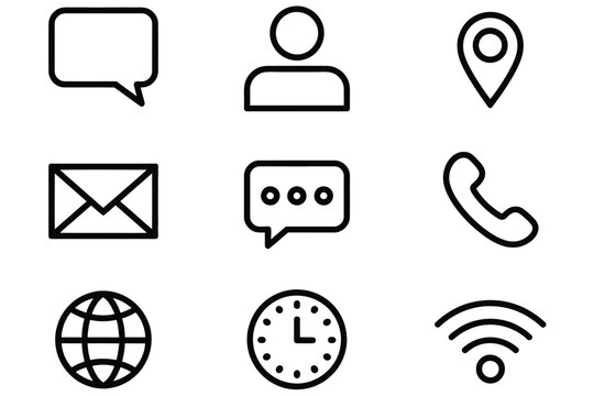 Contact us vector line icon set, communication symbols for business phone, email, message, chat, location, user, and web, outline pictogram illustrations
