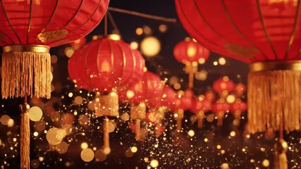 Lunar New Year festive background with glowing red lanterns and floating golden particles