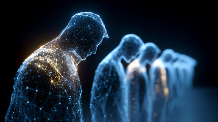 Abstract human silhouette digital glowing line blue technology data network cyber futuristic concept particle science virtual modern connection