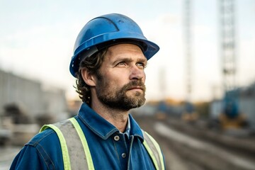 Strong construction worker in blue safety helmet looking into distance at industrial site, symbol of responsibility, experience, labor safety and professional workforce