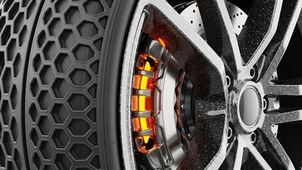 Extreme Close Up of a Futuristic Car Brake System with Glowing Calipers