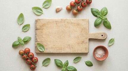 Fresh basil leaves and cherry tomatoes on wooden cutting board  