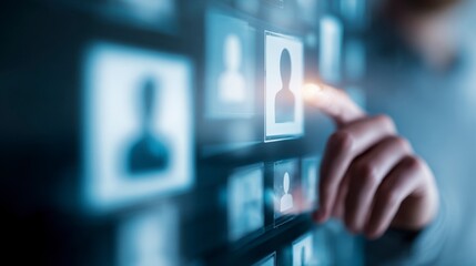 Close-up of a finger pointing at a glowing profile icon on a digital screen, suggestive of selection