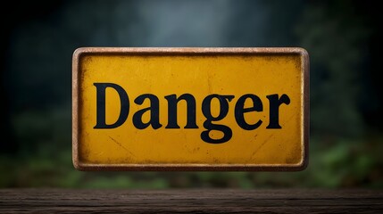 A weathered yellow sign with bold black text reading  Danger  against a dark misty forest background