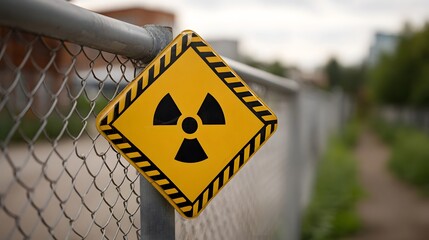 Radioactive hazard warning sign affixed to a chain link fence outdoors