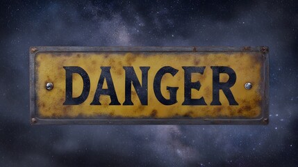 A weathered and rusty yellow sign with bold black lettering spelling  DANGER  is set against a dark star filled cosmic backdrop