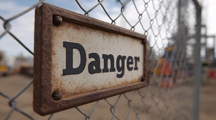 A rusted Danger sign is affixed to a chain link fence warning of hazards at an industrial construction site