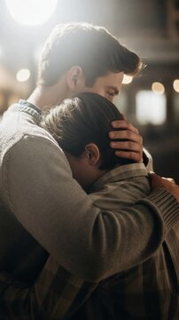 Emotional moment of two men hugging tightly for comfort and support at night.