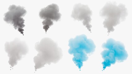 Smoke clouds in different shades including black, gray, white, and blue appear in a simple layout on a white background