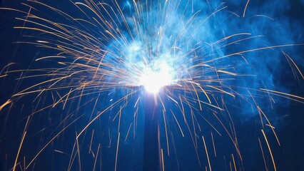Firework display lighting up the night sky in celebration with bright sparks and colorful bursts in a public event