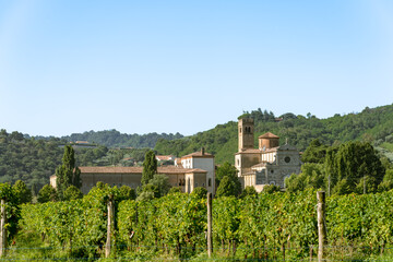 View of Benedictine monastery and convent Abbazia di Praglia in Padua, Italy as a Christianity, religion, and Catholicism concept with green summer landscape 