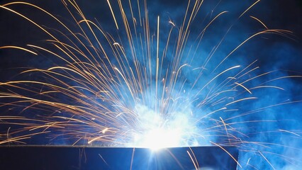 Bright sparks fly from welding activity at a construction site during the evening in a busy city environment