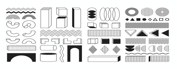 Memphis abstract shapes and forms, geometric flat and 3d figures, sticker set, retro decorative vector graphic elements.
