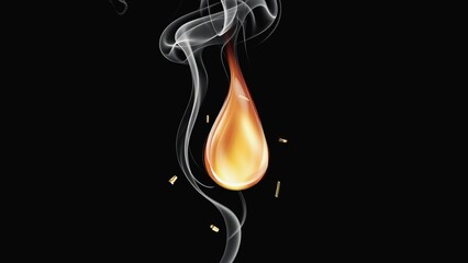 Flame drop hangs in the air with smoke twisting around it in a dark background