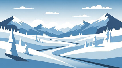Winter landscape with snow-covered mountains and a winding river flat vector illustration for seasonal backgrounds and nature concepts