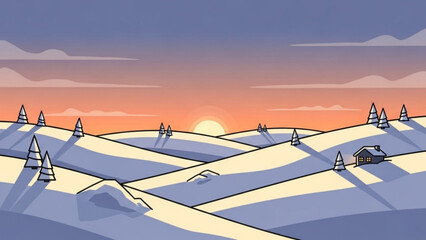 Winter landscape at sunset rolling snow-covered hills with pine trees and a small cabin serene countryside scene for seasonal backgrounds