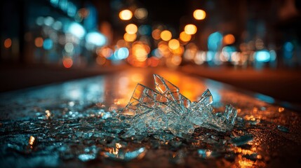 Close-up of shattered glass fragments on a reflective surface with a blurred cityscape and lights in the background