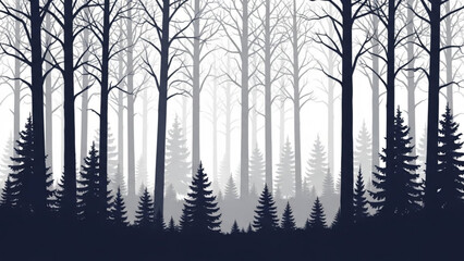 Dark forest silhouette with bare trees and pine trees atmospheric misty woodland landscape vector illustration for nature backgrounds and design