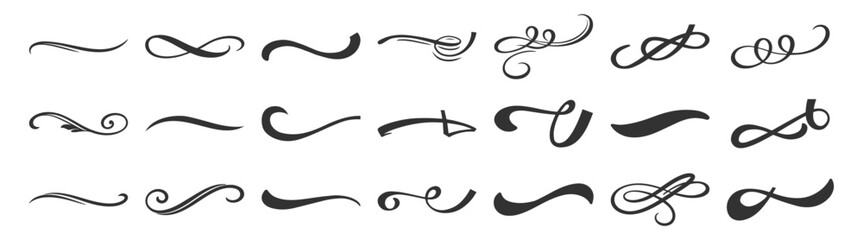 Vintage swirl ornament line style flourishes set. Filigree calligraphic decorative curls and dividers for elegant design on transparent background © Alex