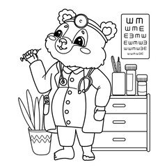 Vector illustration children's coloring book about professions. Linear bear doctor