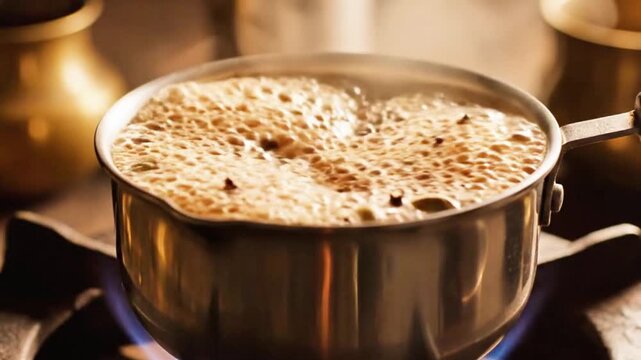 Traditional Indian chai boiling on stove.