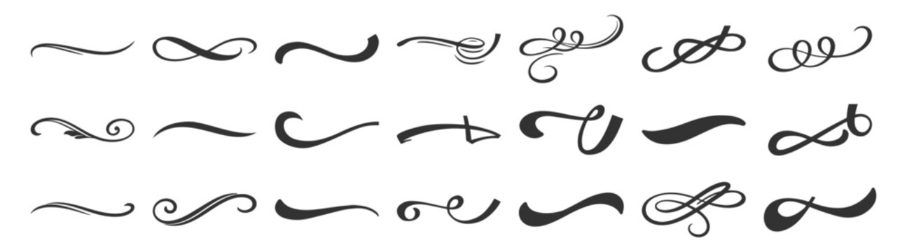 Vintage swirl ornament line style flourishes set. Filigree calligraphic decorative curls and dividers for elegant design on transparent background