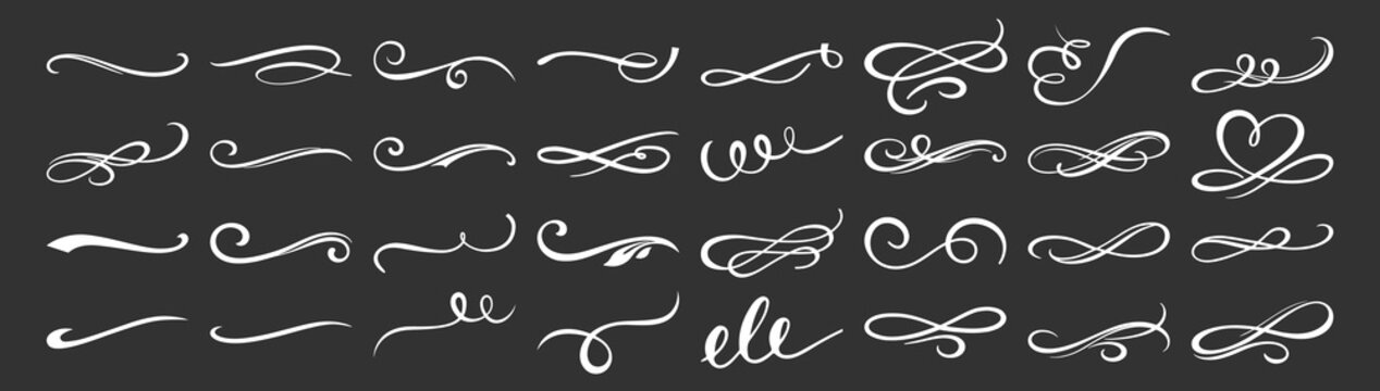 Vintage swirl ornament line style flourishes set. Filigree calligraphic decorative curls and dividers for elegant design on transparent background