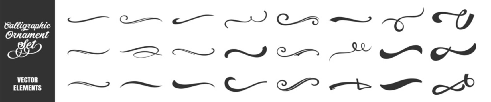 Vintage swirl ornament line style flourishes set. Filigree calligraphic decorative curls and dividers for elegant design on transparent background