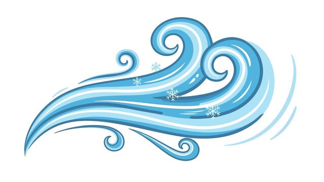 Dynamic illustration of strong winter wind with swirling blue gusts and falling snowflakes, depicting cold weather conditions and air movement