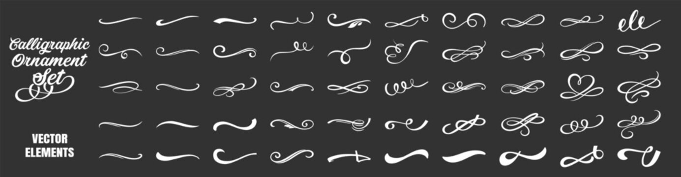 Vintage calligraphic swirl ornament set, elegant decorative flourishes and filigree dividers for classic design on transparent background