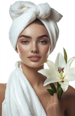 Beauty with a towel and a flower presenting skincare routine