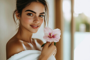 Young woman holding a pink flower, smiling in a bright indoor space